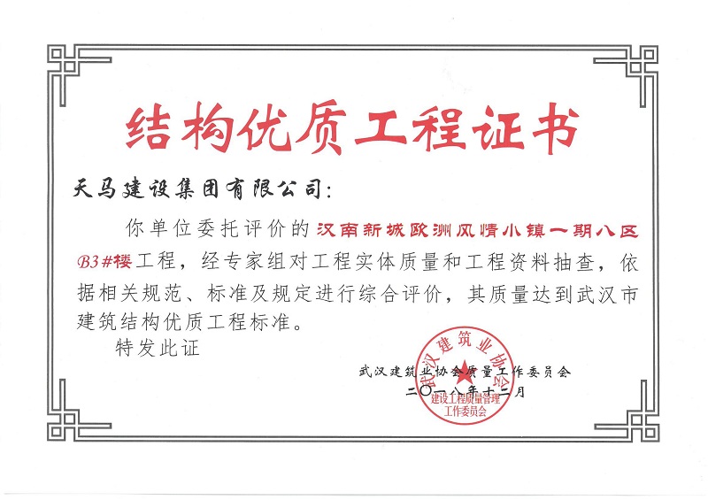 2018汉南绿地欧洲风情小镇一期八区B3#楼获武汉市建筑结构优质工程