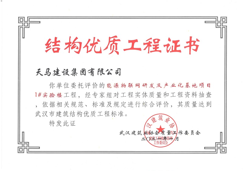 2021年结构优质工程证书（能源物联网研发及产业化基地项目1#实验楼）